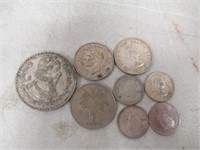 8 Vintage Silver Foreign Coins - Un Peso &
