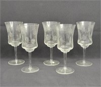 5 Etched Crystal Wine Glasses