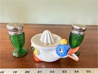 emerald green glass salt & pepper shakers & duck