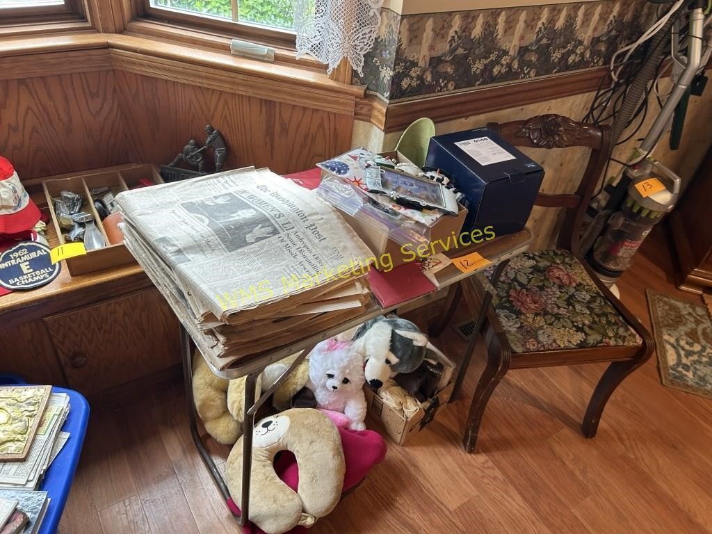 Vintage Newspapers, Small Folding Table, Chair