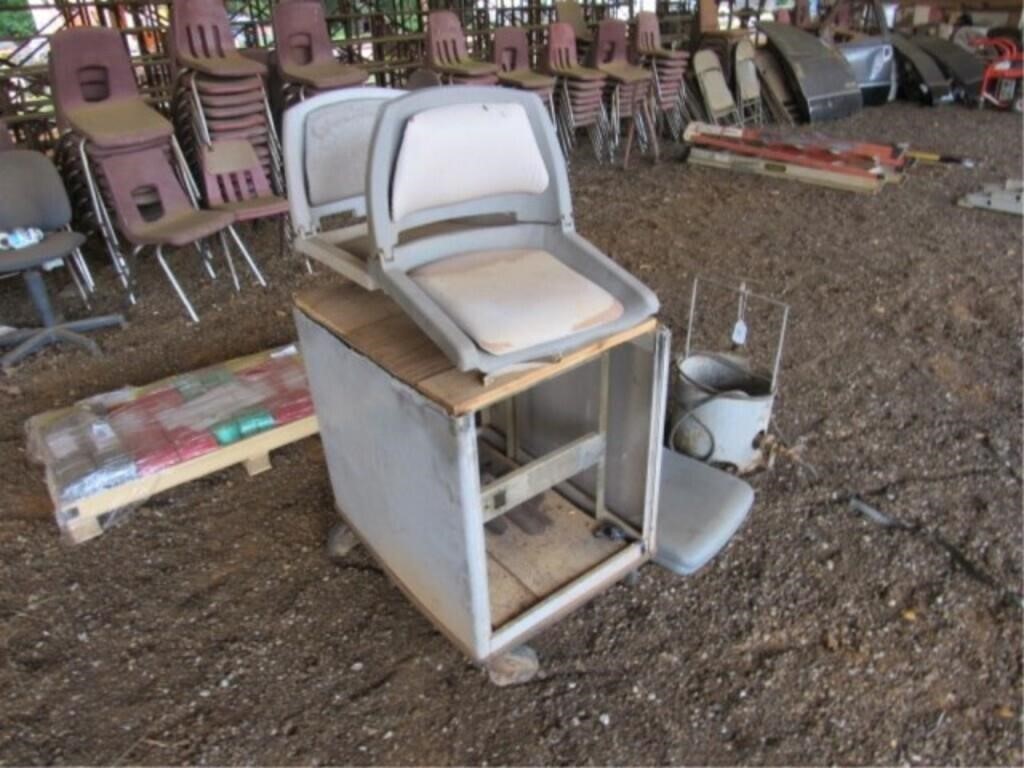 (2) fish cookers, (4) boat seats, metal cabinet