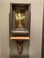 SMALL FRAMED PAINTING AND WOODEN SCONCE SHELF