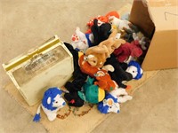 BOX LOT- FILE BOX, MATERIAL,STUFFED TOYS