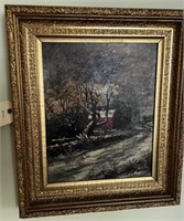 Early Guilded Frame w/ Oil on Canvas Farm Scene