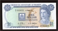 1988 Bermuda $1 Low Number Banknote