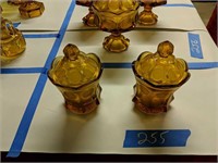 Pair Of Amber Coin Glass Covered Candy Dishes