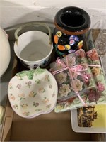 Tray Lot Of Napkins, Candles, Apple Shaped Bowls,