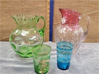 2 FANCY GLASS WATER PITCHERS & 2 HAND PAINTED