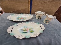 R S PRUSSIA WATER LILY RELISH TRAYS & CREAM/SUGAR