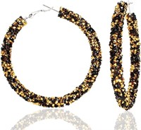 Gold-pl. Black & Gold Crystals Hoop Earrings