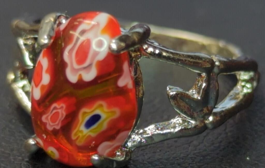 925 stamped Murano milaflori glass ring size 10