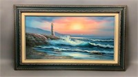 Framed Original Oil on Canvas Beach Scene