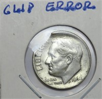 1964 Silver Mint Error Dime, Clipped