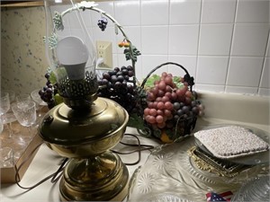 2 Baskets, Grapes, 1 Brass Lamp, Plates & Platters