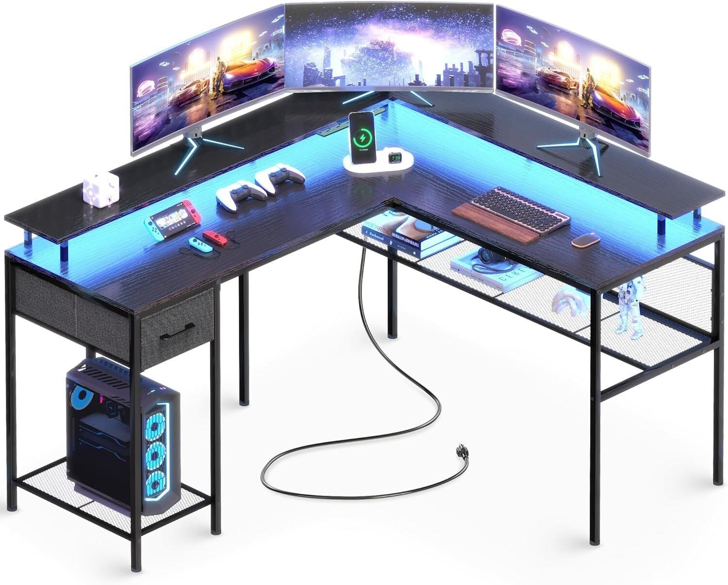 Huuger L Shaped Gaming Desk with LED  Black