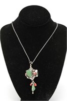 Tibetan Silver, Coral & Green Stone Necklace