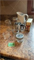 Pint & jelly jars, diet scale, pitcher, sm sifter