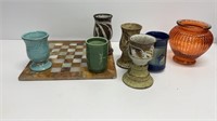 Marble chess board w/ various stoneware/glass