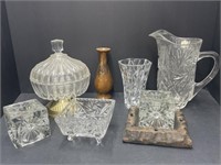 Candle Holders, Pitcher, Covered Glass Dish with