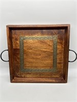 Handled Mango Wood Tray w/ Embossed Brass Inlay