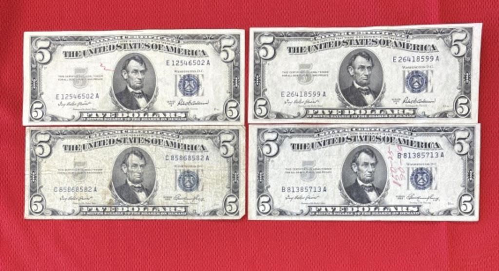 1953, 53A $5 SILVER CERTIFICATES LOT OF 4