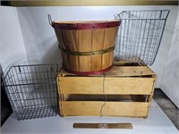 2 Wire Baskets, 2 Wood Baskets, &  A Crate