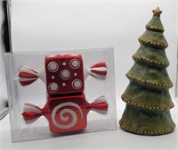 Ceramic Painted Christmas Tree 17" T & Glass Cand