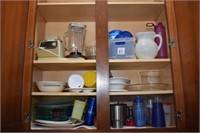 CONTENTS OF CABINET - BOTH SIDES, BLENDER, DISHES