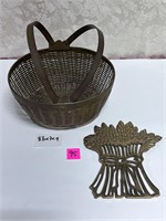 Vtg Solid Brass Basket&Wheat Trivet