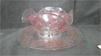 2 PIECE PINK & CLEAR GLASS BOWL AND PLATTER