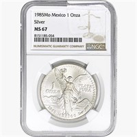 1985Mo 1oz. Silver Mexicanos Onza NGC MS67