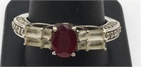 Sterling Silver Clear & Red Stone Ring