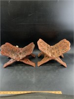 2 Carved wood book stands and an old iron
