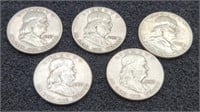(5) 1953 Franklin 90% Silver Half Dollars
