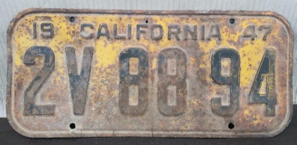 Vintage 1947 California License Plate 13 7/8" x 6