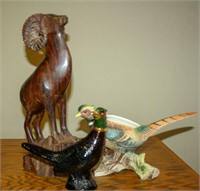 Wooden Big Horn Sheep; Pheasants