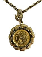 AMAZING 1908 $2.50 Gold Coin, 14k Chain