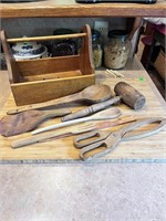 Vintage Wooden Tool Box & Wooden Utensils