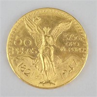 1947 Fine Gold Fifty Pesos Coin.