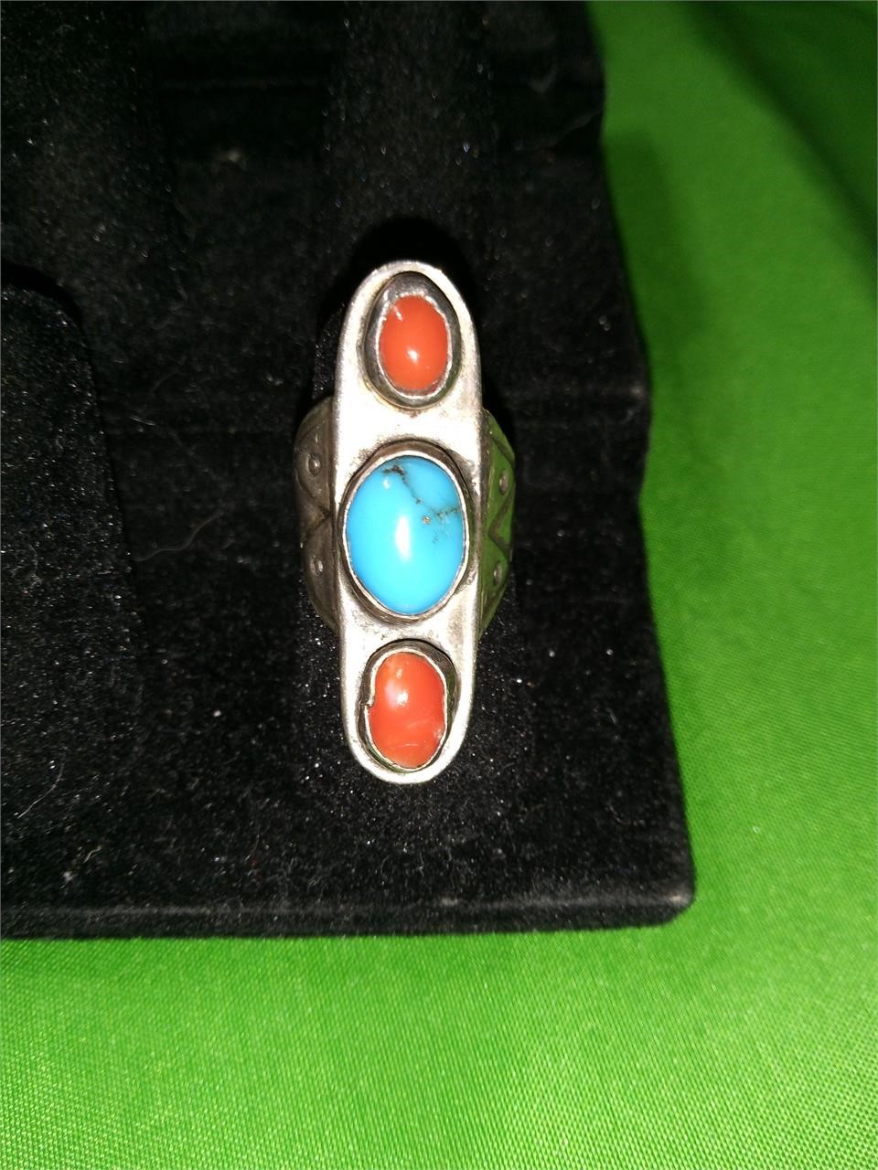 Old Pawn Native American Turquoise Coral Ring Sz 5