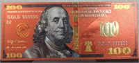 24k gold-plated red $100. Banknote