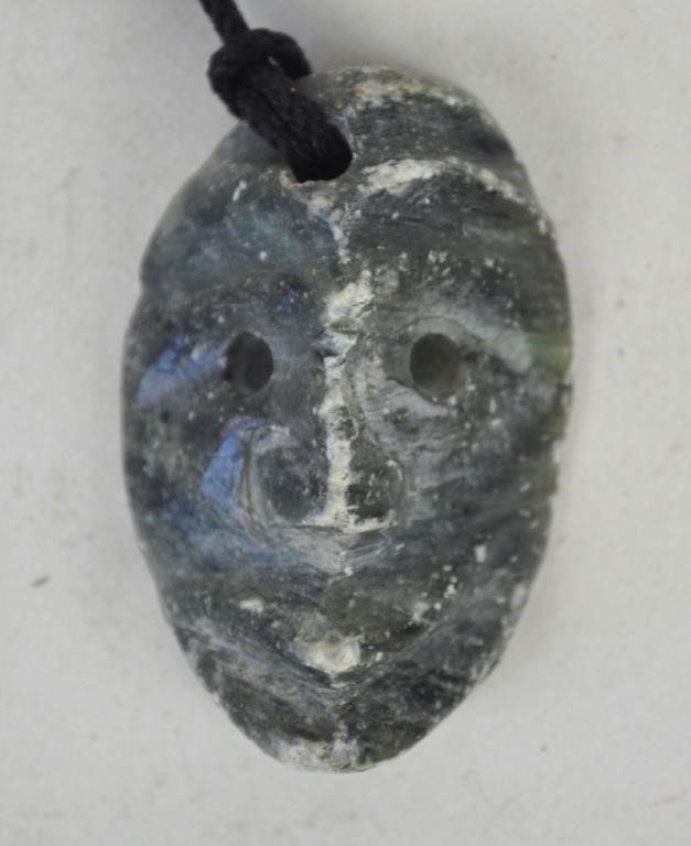 CARVED STONE FACE INUIT PENDANT NECKLACE SIGNED