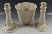 2 LENOX CANDLEHOLDERS 7" AND 1 FLOWER POT 5"