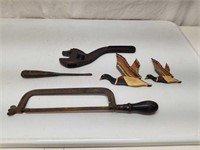 Antique Tool Lot + Carved Wooden Mallard Ducks
