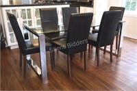 Stainless Glass Table, 6 Leatherette Parson Chairs