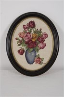 OVAL FRAMED CROSS-STITCH OF FLOWERS IN VASE