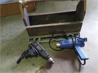 Wooden tool box drill,heat gun and level