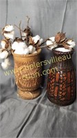 Carved wood vase with cotton and basket vase 9in