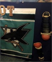 WALL WITH CATCHER'S PADS AND 2 FLAGS; SHARKS