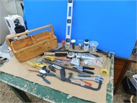 Wood tool box c/w qty of tools & misc